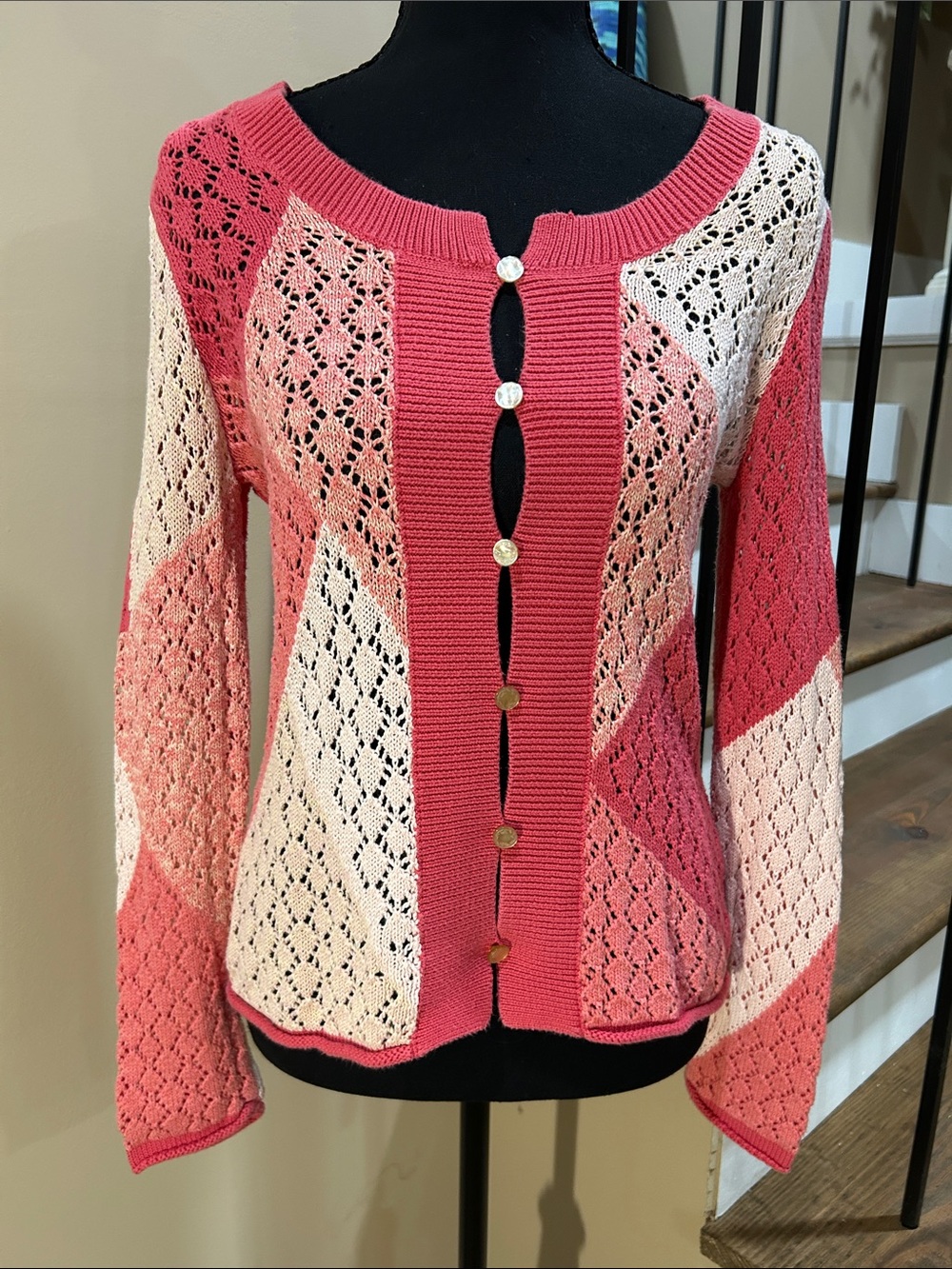 J. Jill SP Pink coral blush Openwork Knit Button-Front linen blend Cardigan
